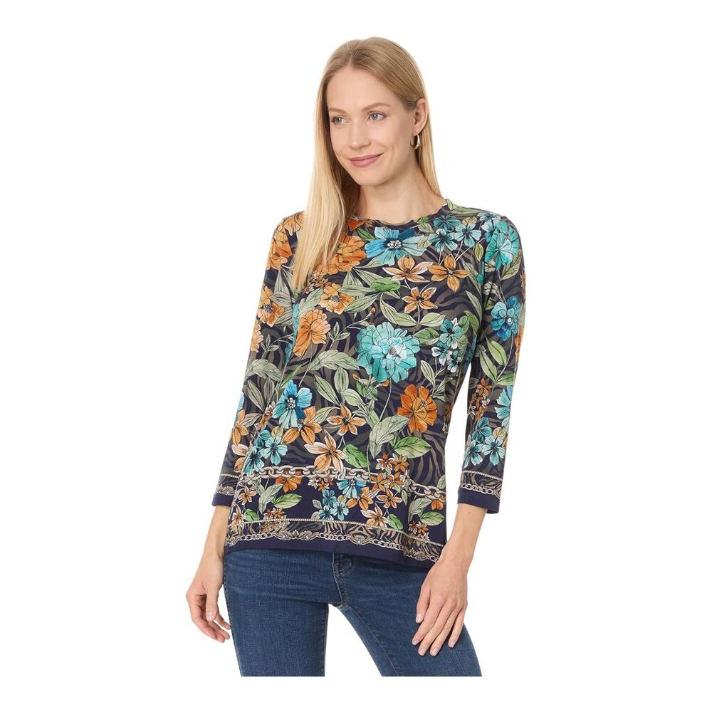 Johnny Was Lona Janie Favorite 3/4 Sleeve Crew Tee Floral Shirt Purple Top XL NW